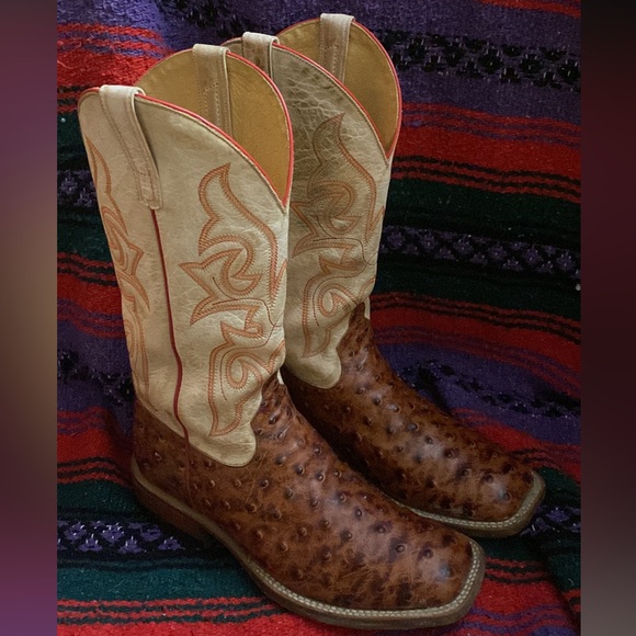 Men's Horse Power Cognac Impostrich 13in. Bleached Bone Top Square Toe Boot-USED - Picture 8 of 11